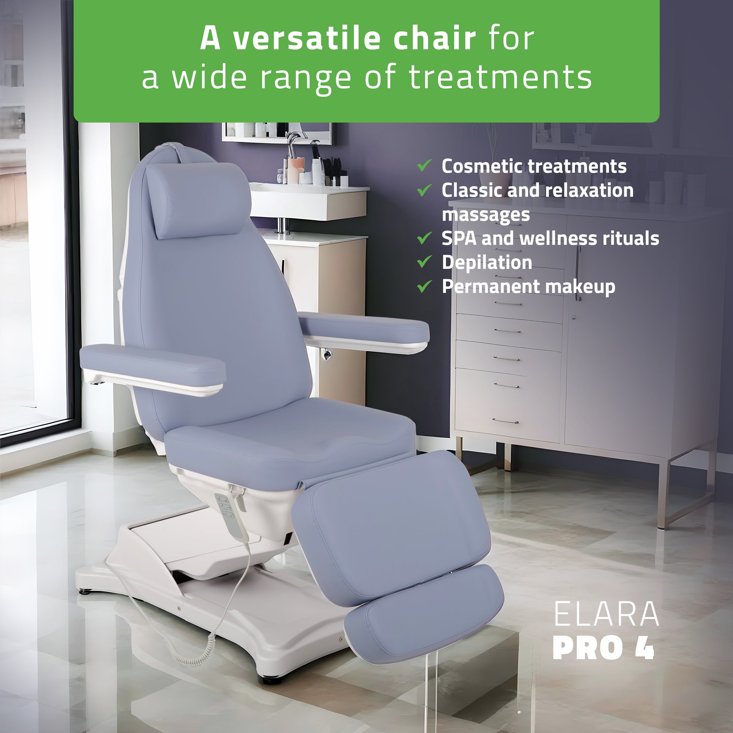 Cosmetic treatment chair, electric Elara PRO 4, violet